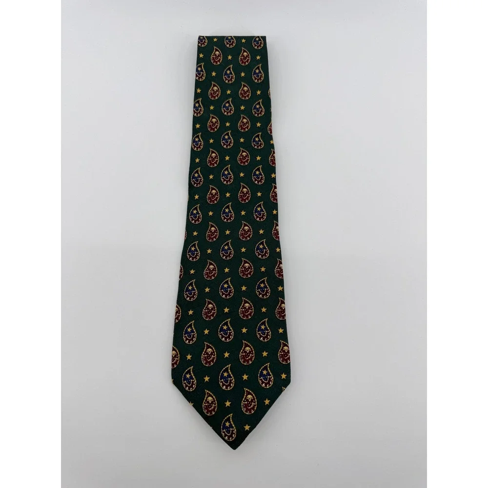Tommy Hilfiger Mens Silk Tie Green Paisley Star Pattern Made in USA Italy Fabric